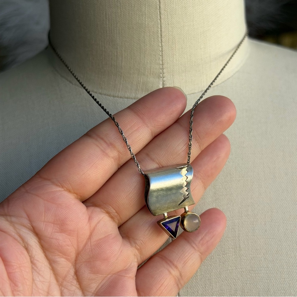WRE Vintage Artisan Abstract Modernist Amethyst White Stone 925 Pendant Necklace - Picture 14 of 15